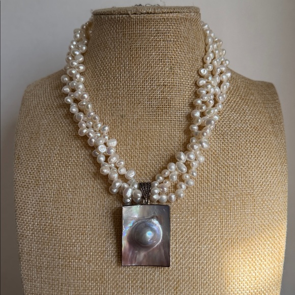 Jewelry - Genuine Freshwater Pearl Necklace with Iridescent Mother Of Pearl Pendant